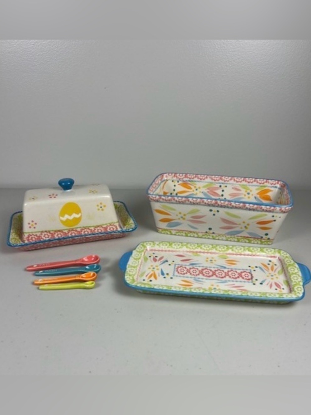 Temp-tations Old World Ceramic Butter Dish Loaf Pan Tray Measuring Spoons Set